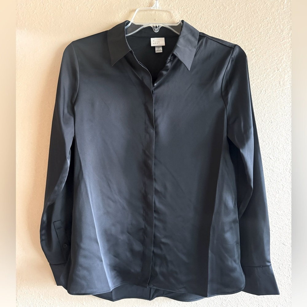 Holiday “A New Day” Satin Long Sleeve Button Down Blouse